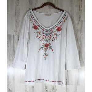 Caite V-Neck Tunic Top Large White 3/4 Sleeve Cotton Floral Embroidered READ